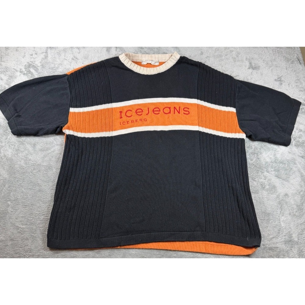 Vtg Iceberg IceJeans Knit T-Shirt Black Orange Logo Short Sleeve Men's L